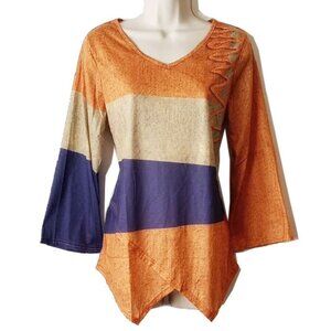 NWOT V-Neck Shark-Bite Hem 3/4 Sleeves Knit Top M Blue Orange  50off3